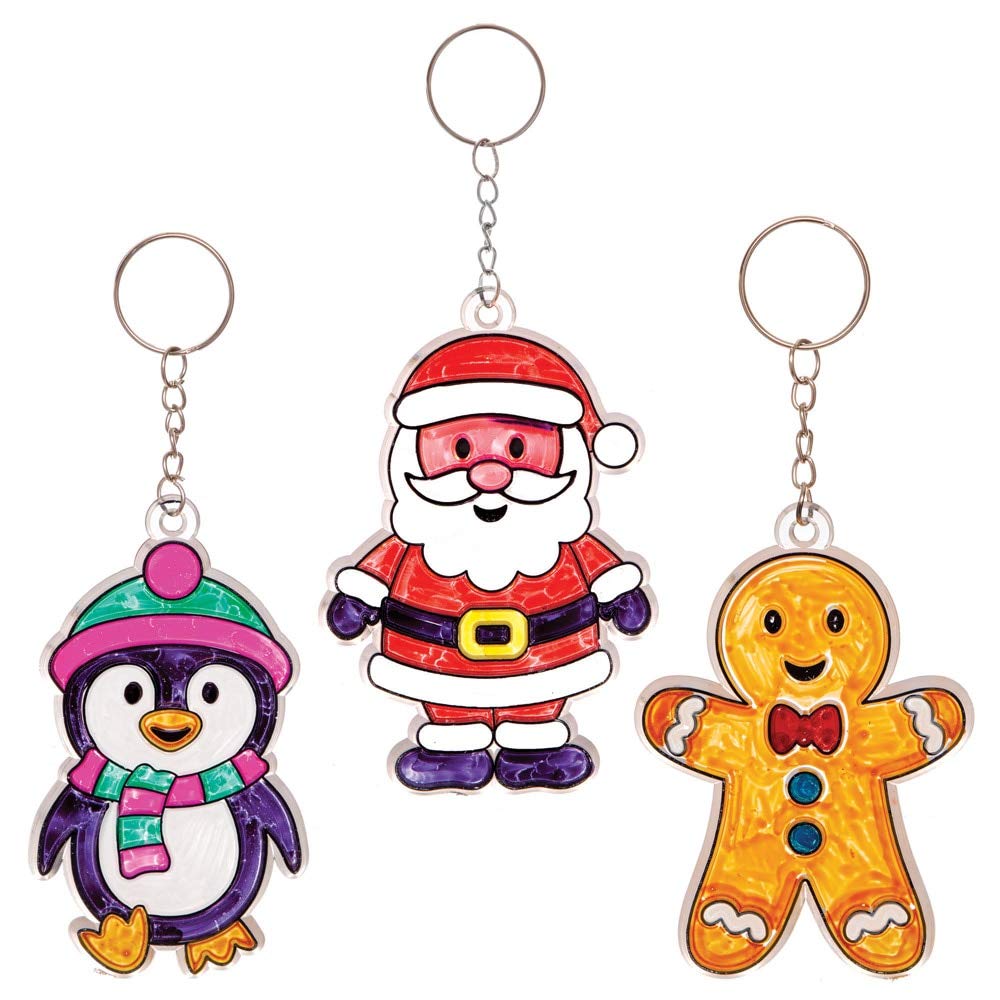 Baker Ross AT295 Christmas Suncatcher Keyring Craft Kit - Assorted Festive DIY Ornament Set (Pack of 6)
