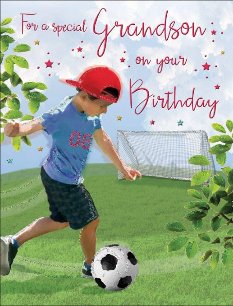 Piccadilly Greetings Grandson Birthday Card | Football Theme | 8 x 6 Inches | Black, Yellow, White, Blue 1