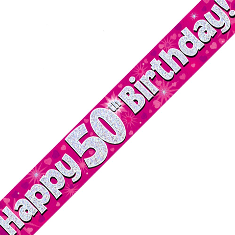 OakTree Happy 50th Birthday Banner | 9 ft Length | Pink Holographic 1