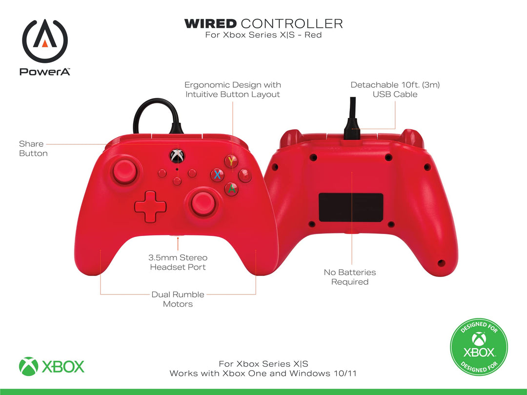 PowerA Wired Controller for Xbox Series X|S, Xbox One, PC - Officially Licensed with Dual Rumble, Impulse Triggers, 10 ft USB-C Cable
