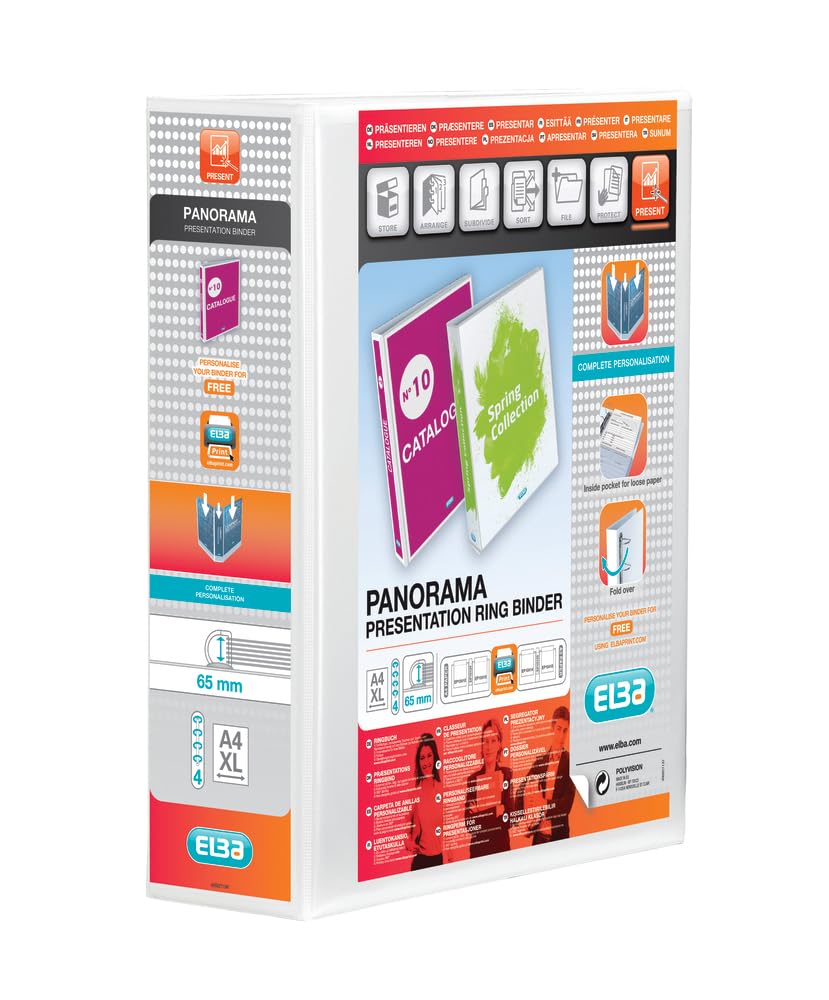 Elba A4+ 4 D-Ring O-Ring Binder - 65mm Capacity, 90mm Spine, White Presentation Folder 1