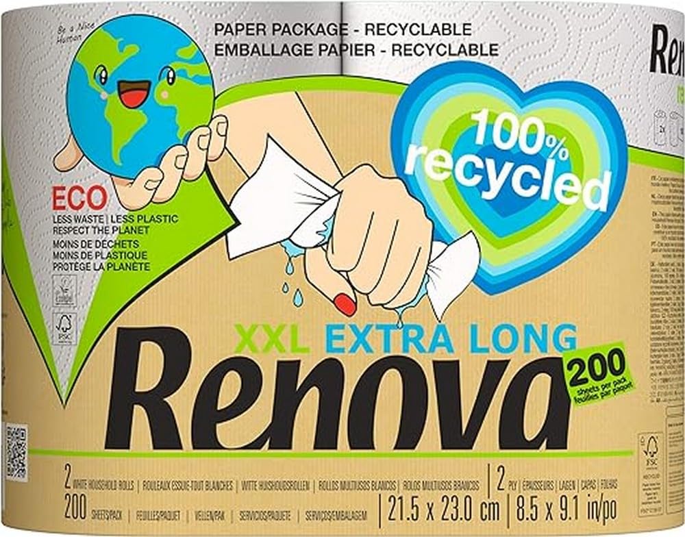 Renova - Recycled Kitchen Rolls 2-Ply XXL (Pack of 2) Wrapped in Paper 3