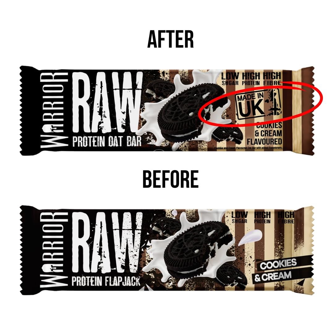 Warrior Raw Proteinriegel – 12 x 75 g Cookies & Cream Proteinreiche Hafer-Flapjacks – Wenig Zucker, viel Ballaststoffe – Hergestellt in Großbritannien