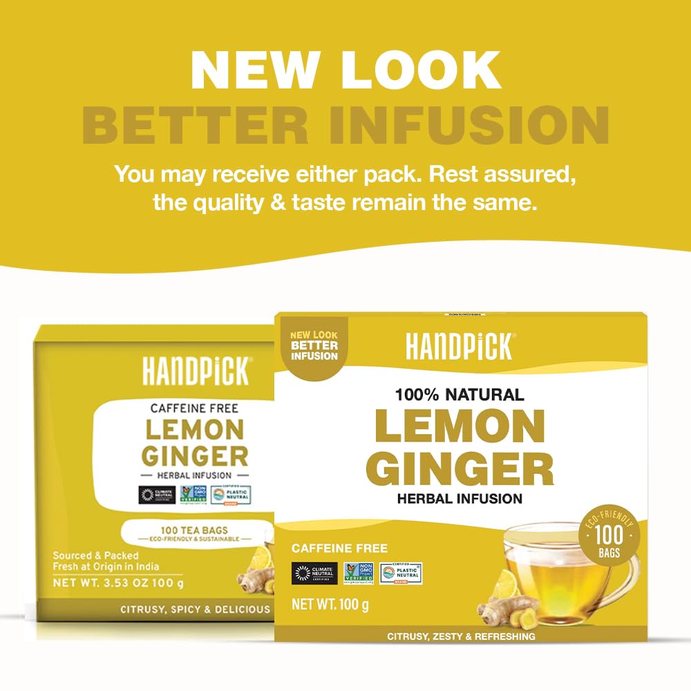 HANDPICK Lemon Ginger Herbal Tea Bags - 100 Count | Lemon, Ginger, Lemongrass & Licorice Blend | Eco-Conscious