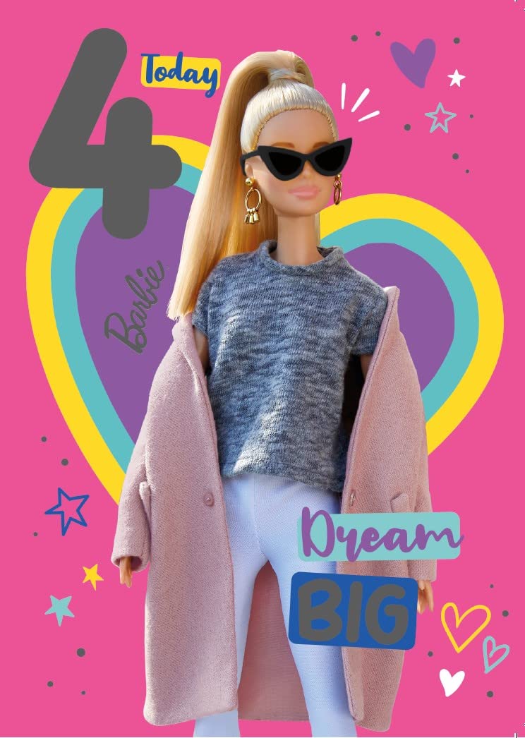 Barbie Age 4 Birthday Card - '4 Today Dream Big' Message | 7x6 Inches