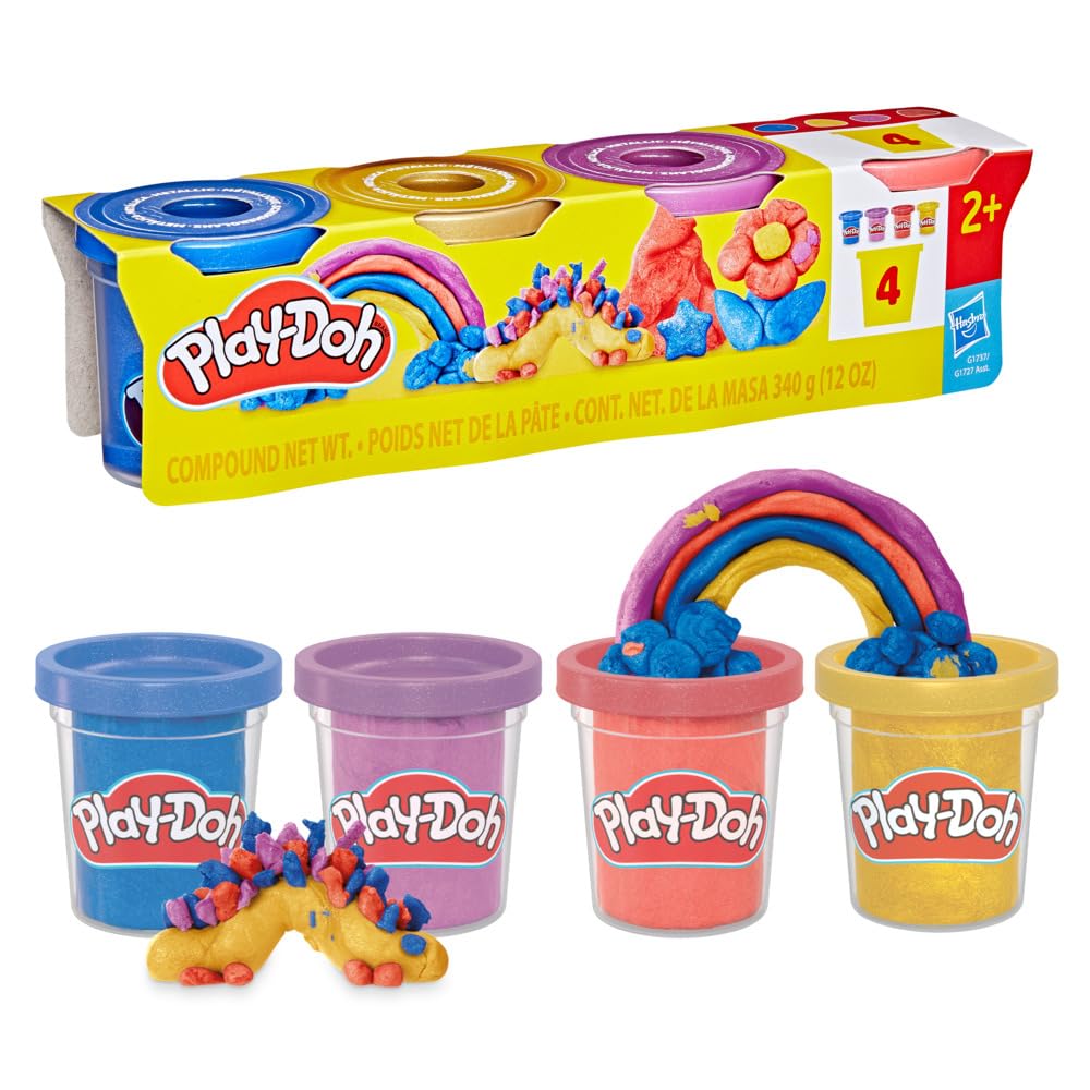 Play-Doh Shimmer Clay 4-Pack - Metallic Compound Tubs (Dark Blue, Red, Purple, Gold) | Ages 2+
