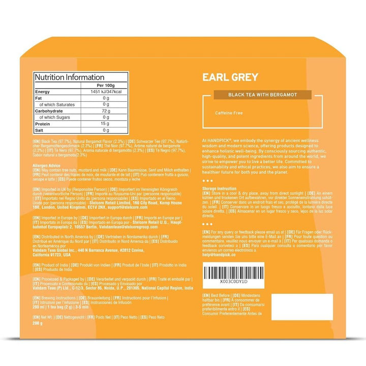 HANDPICK Earl Grey Black Tea Bags (100 Count) - 100% Pure Assam Tea with Bergamot Extract, Citrus Flavor, Brew Hot or Iced