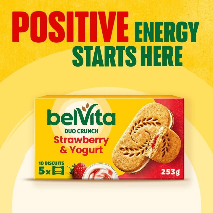 Belvita Duo Crunch Strawberry & Yogurt Breakfast Biscuits, 18 Packs of 2 – Wholegrain Biscuits with Yogurt & Strawberry Filling