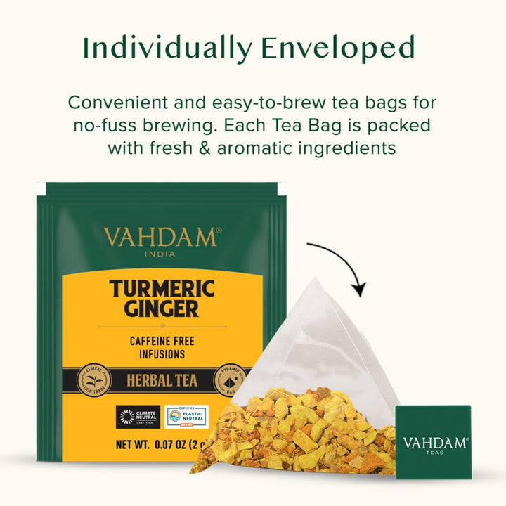 VAHDAM - Turmeric + Ginger Herbal Tea Blend (15 Pyramid Tea Bags)