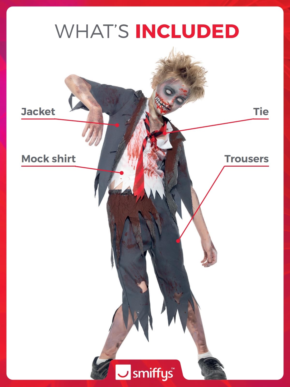 Smiffys Zombie School Boy Costume - Grey Jacket, Trousers, Mock Shirt & Tie for Kids 3