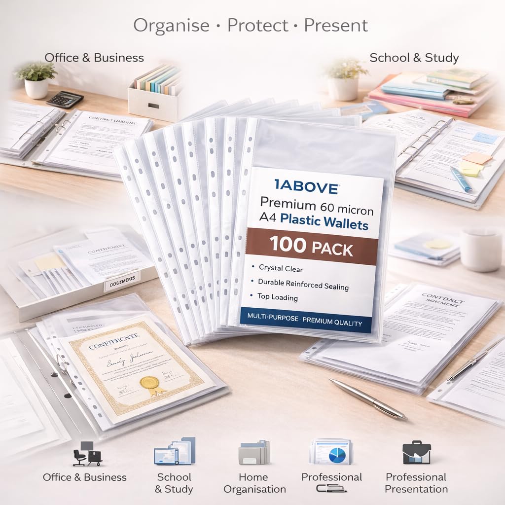 1ABOVE Premium A4 Punched Plastic Wallets - 100 Pack | 60 Micron Thick | Clear 5
