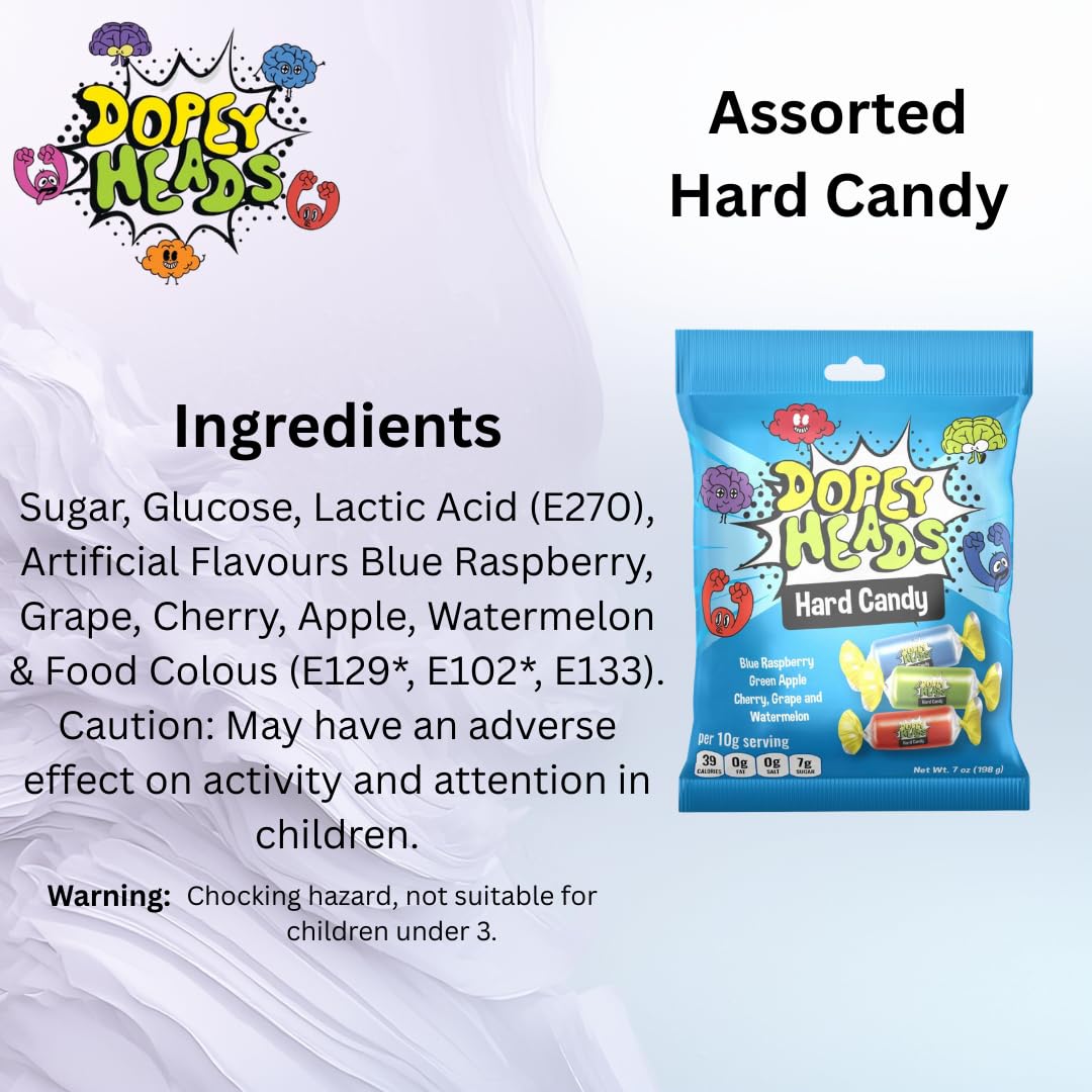 Dopey Heads Assorted Hard Candy - 5 Flavours, Blue Raspberry Focus | HALAL | 198g Bag 3