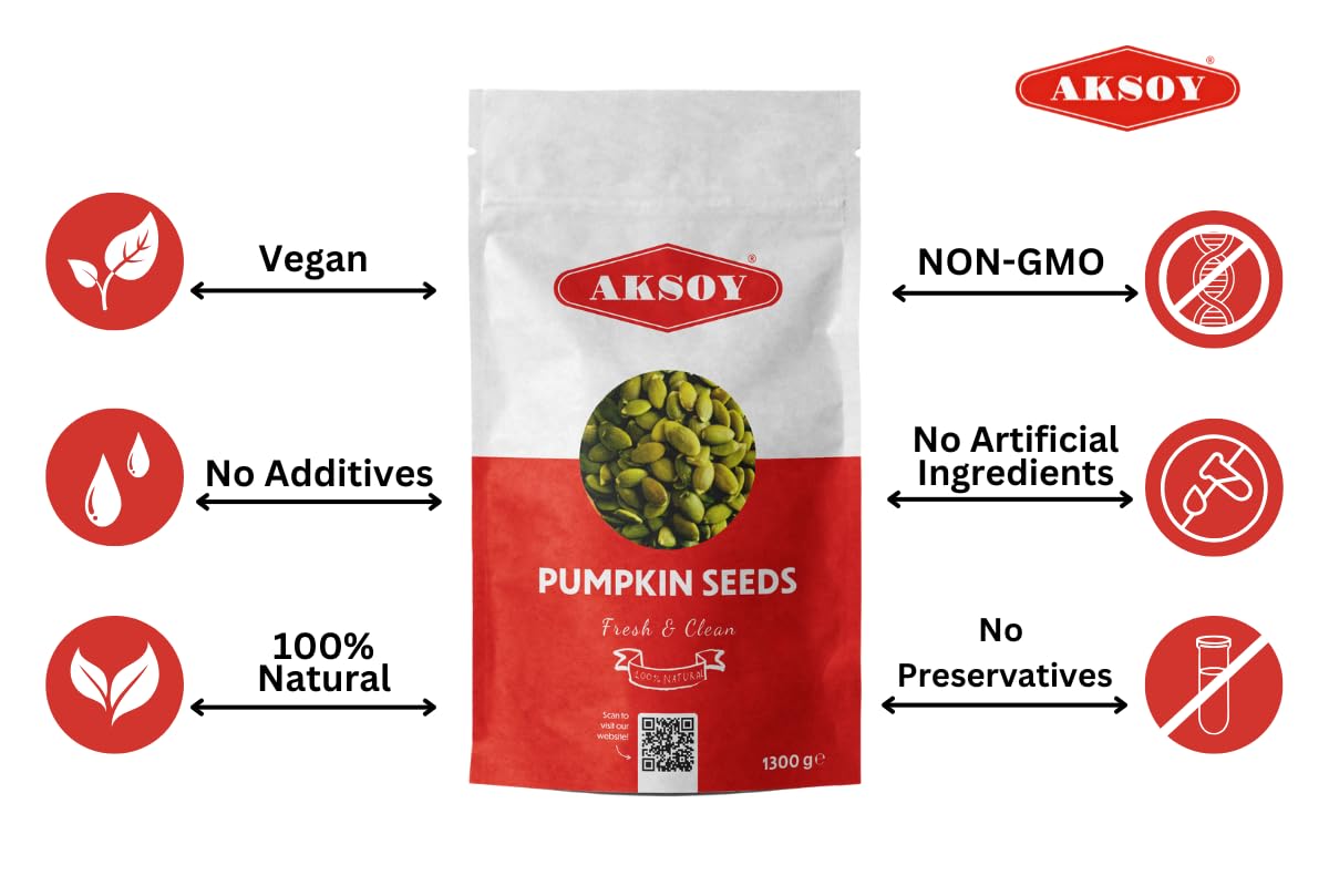AKSOY Raw Pumpkin Seeds - 1300g | GMO-Free, Vegan, High Protein & Fiber 8