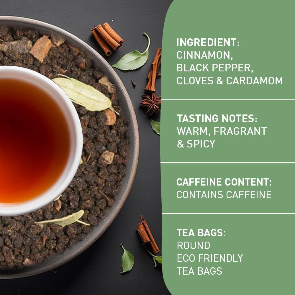 HANDPICK Masala Chai Tea Bags from India (100 Count) - Cinnamon, Black Pepper, Cloves & Cardamom - Eco-conscious Round Tea Bags