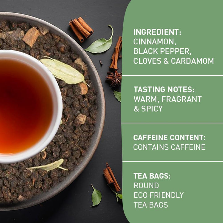 HANDPICK Masala Chai Tea Bags from India (100 Count) - Cinnamon, Black Pepper, Cloves & Cardamom - Eco-conscious Round Tea Bags