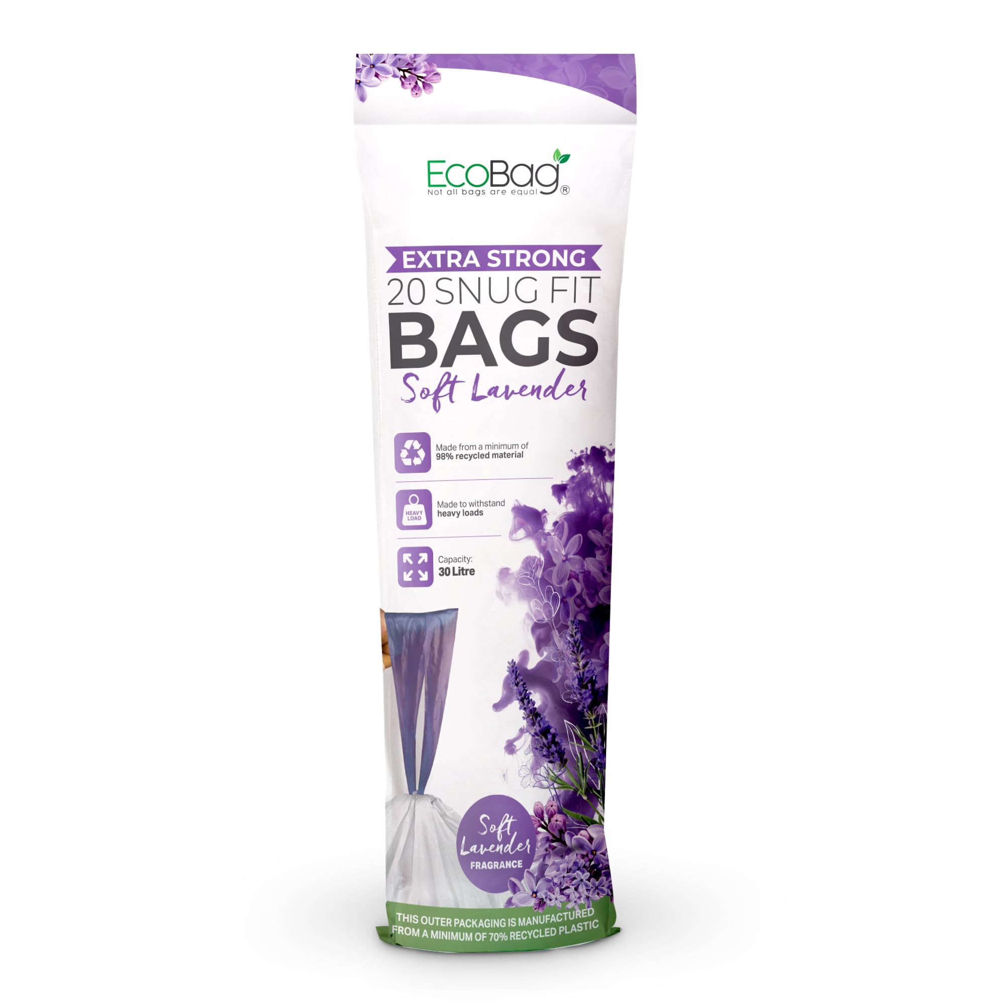 EcoBag Drawstring Bin Liners - 30L Capacity, Lavender Scented, 20 Pack | 25 Micron Heavy Duty 1