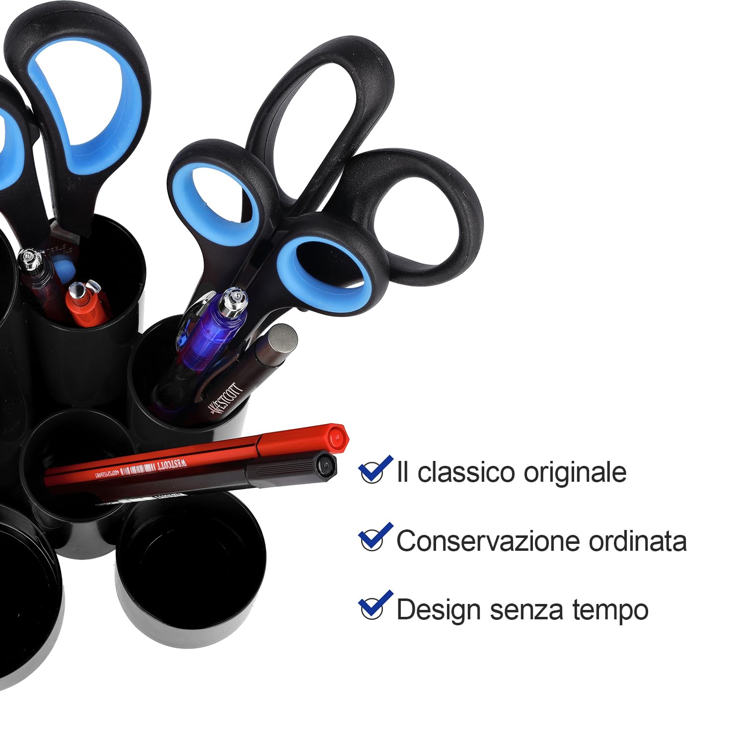 Westcott Pen Holder - 6 Round Compartments | Black Plastic | Tabletop Mount 3