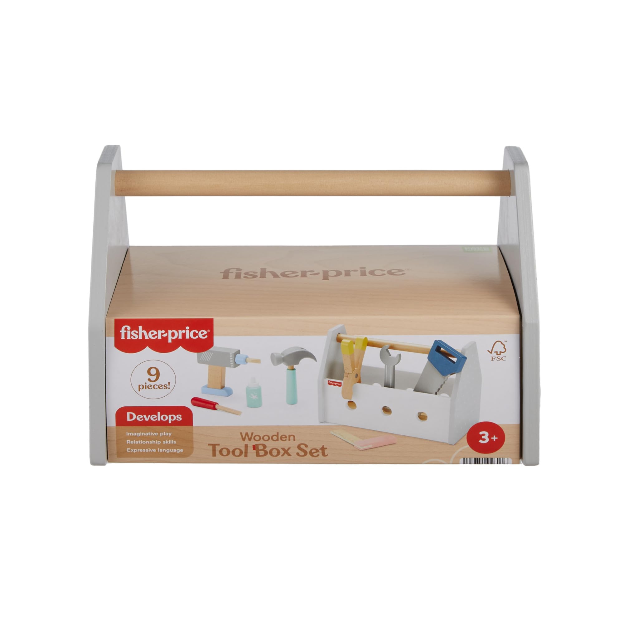 Fisher-Price Wood Pretend Play Toy Tool Box with Drill, 9-Piece Wooden Set | Ages 3+ 7