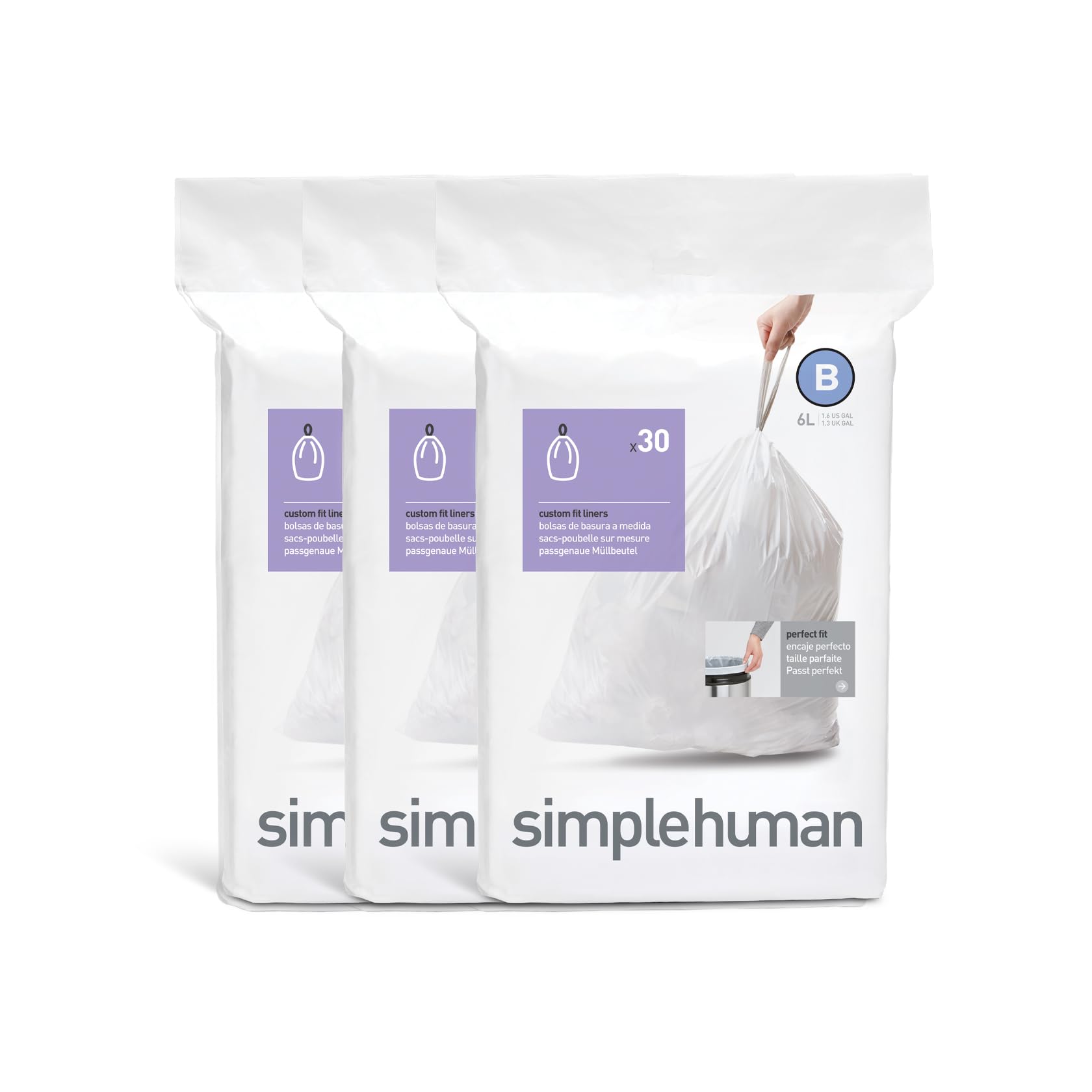 simplehuman CW0251 Code B Custom Fit Bin Liner | 90 Pack | 6L Capacity | White Plastic 1
