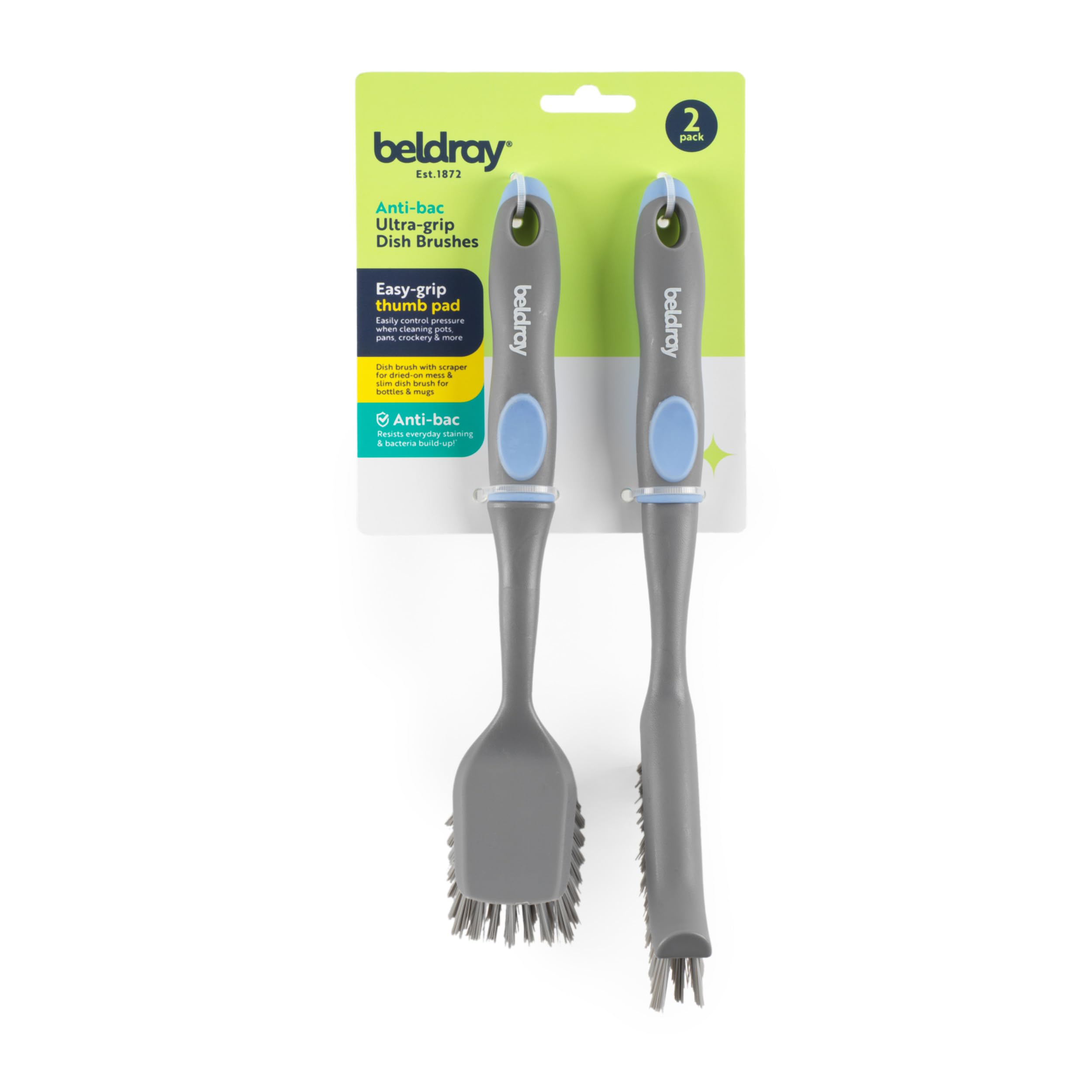 Beldray Anti-Bac Dish Brush Set - 2pk Ultra-Grip Square & Slim Brushes | Scratch-Free