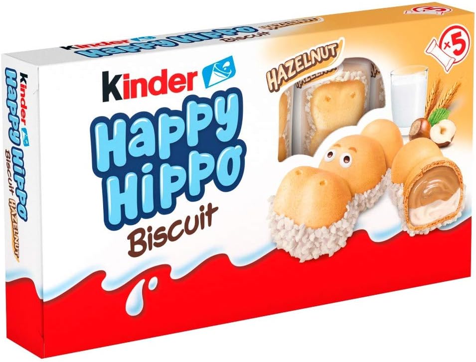 Kinder Happy Hippo Hazelnut Biscuit Wafer with Milk and Hazelnut Filling, 10 Packs of 5 Biscuits (50 Total)