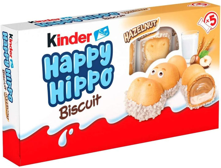 Kinder Happy Hippo Hazelnut Biscuit Wafer with Milk and Hazelnut Filling, 10 Packs of 5 Biscuits (50 Total)
