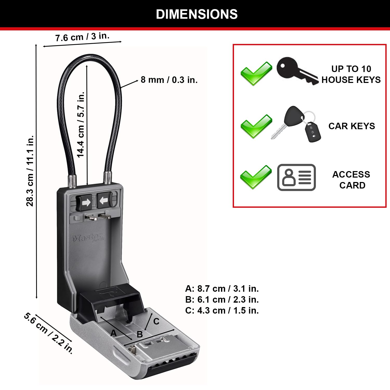 Master Lock 5482EURD Key Safe - Extra Large Capacity, Flexible Cable Shackle, Grey Aluminium 5
