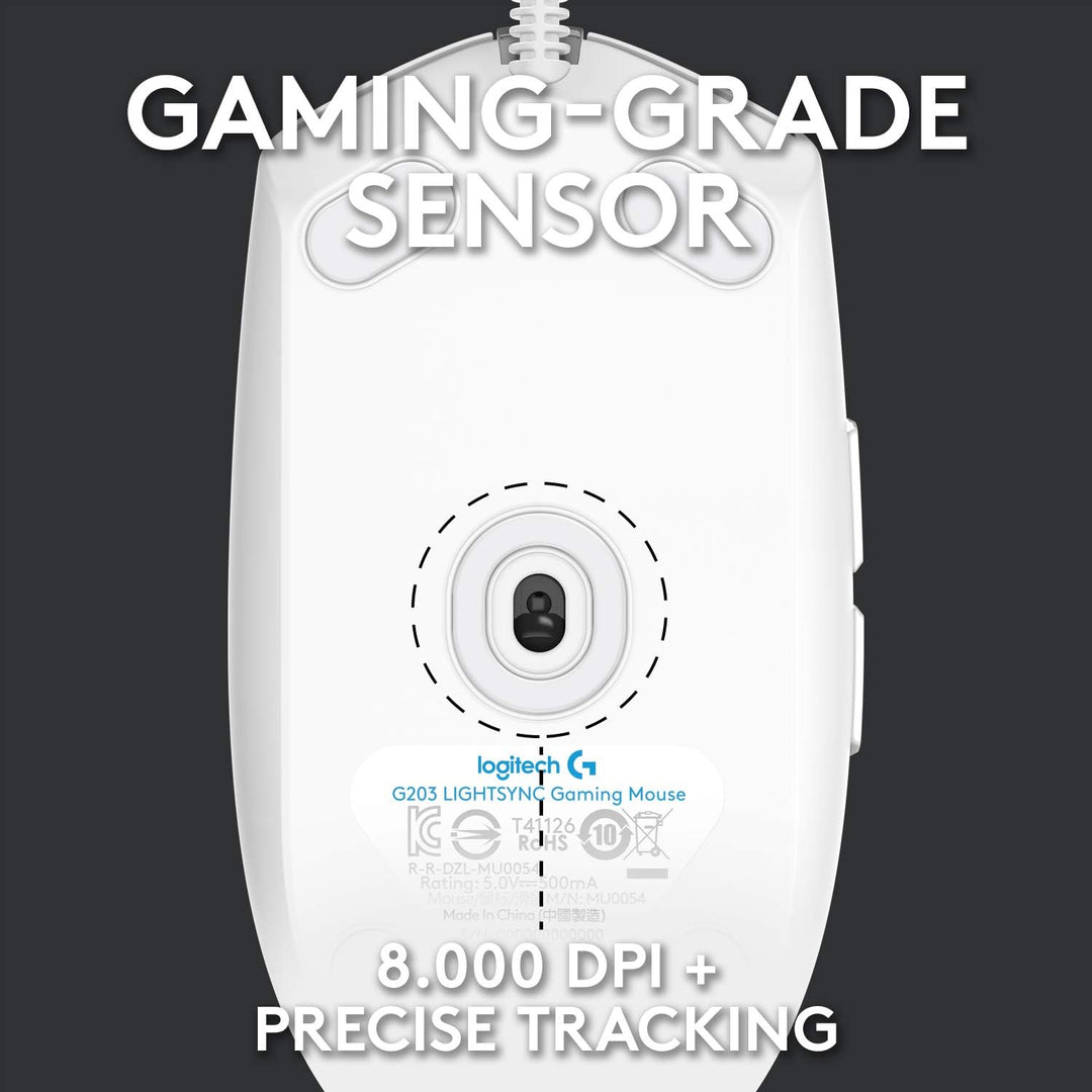 Logitech G203 LIGHTSYNC Gaming Mouse - 8K DPI, 6 Programmable Buttons, RGB Lighting, Lightweight Design - White