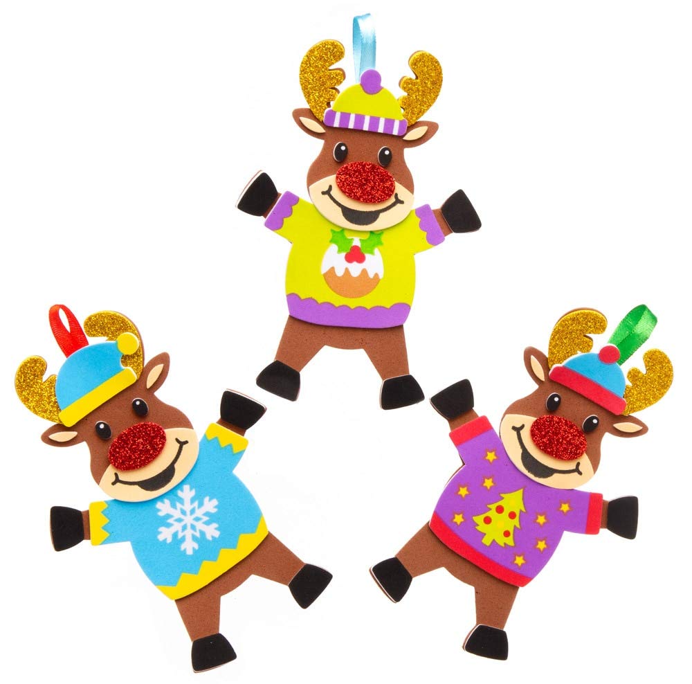 Baker Ross Reindeer Christmas Sweater Ornament Kits - Pack of 6, Glue-Free DIY Craft for Kids 6