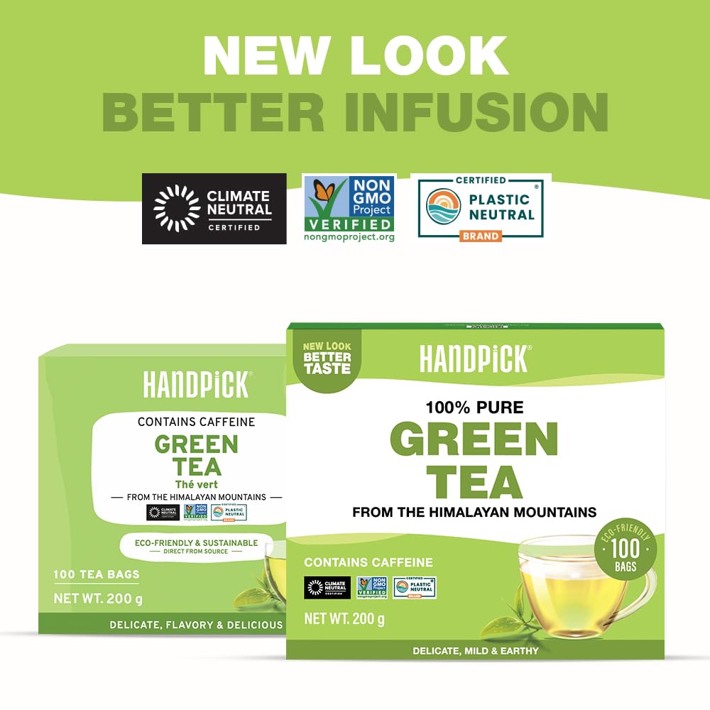 HANDPICK Green Tea Bags - 100% Pure Green Tea, 100 Bags, No Adhesive, No Bleach, Gluten Free