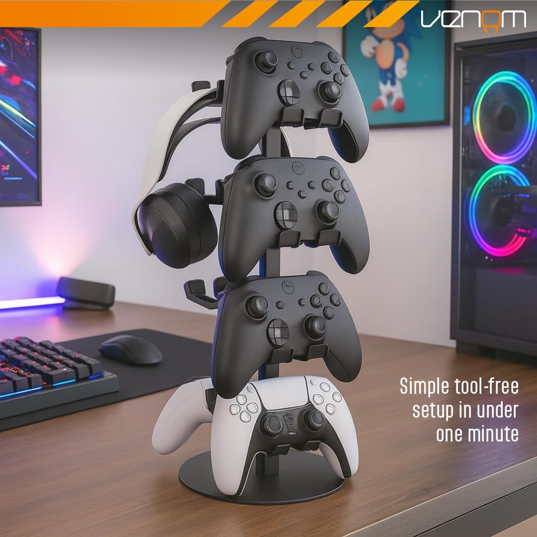 Venom Universal Headset & Controller Stand - 4-Tier Metal Organizer for 8 Controllers | Black 6
