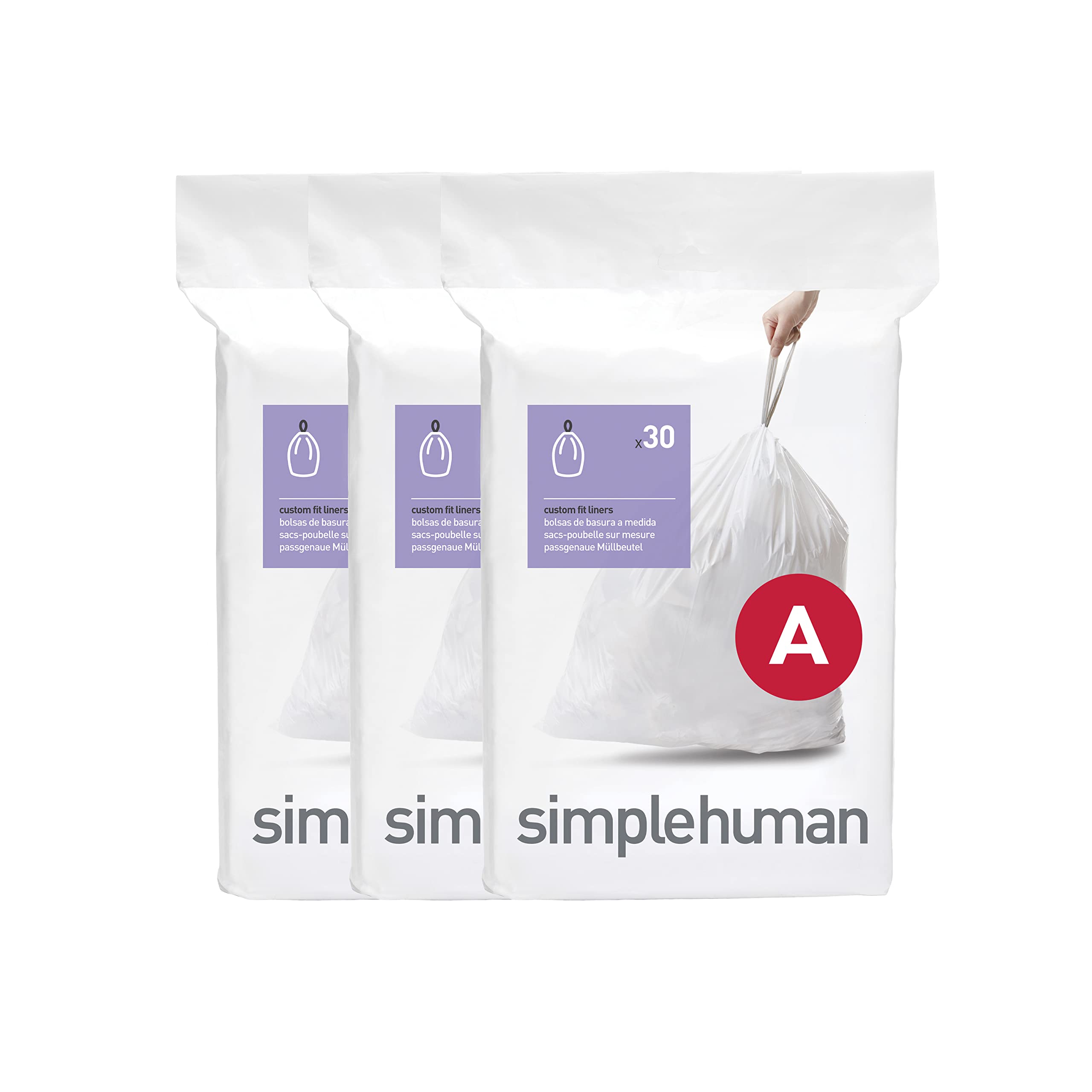 simplehuman CW0250 Code A Custom Fit Bin Liner - 4.5L Capacity, Unscented, White Plastic | 90 Count (3 x 30 Pack) 1