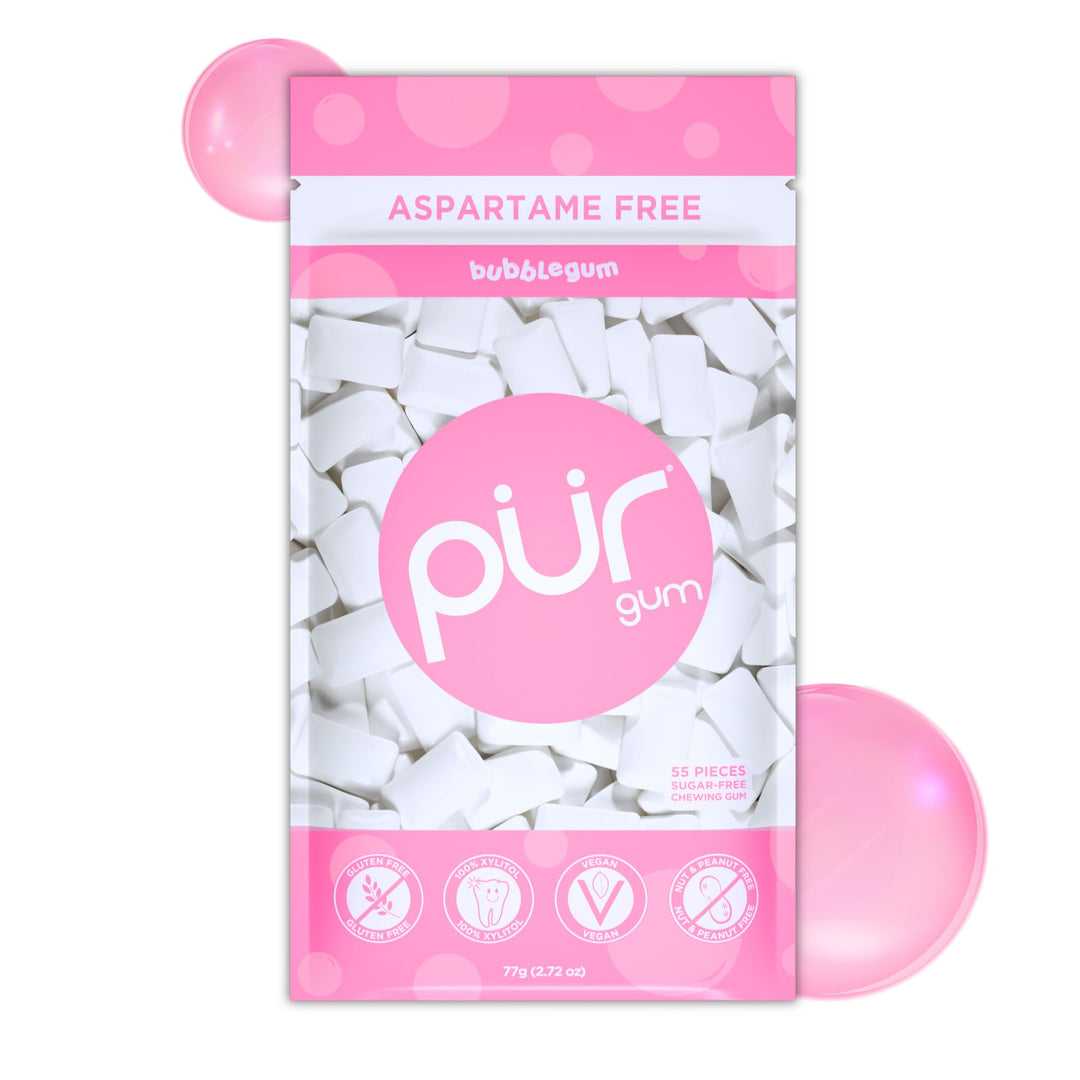 PUR - Natural Bubblegum Flavoured Sugar Free Chewing Gum (55 Pieces, Resealable Pack)