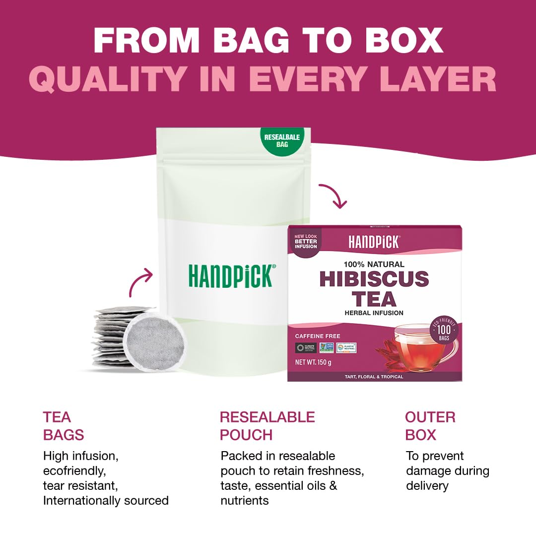 HANDPICK Hibiscus Tea Bags - 100 Count | 100% Pure Herbal Tea | Brew Hot or Iced | Carbon-Neutral & Plastic-Neutral