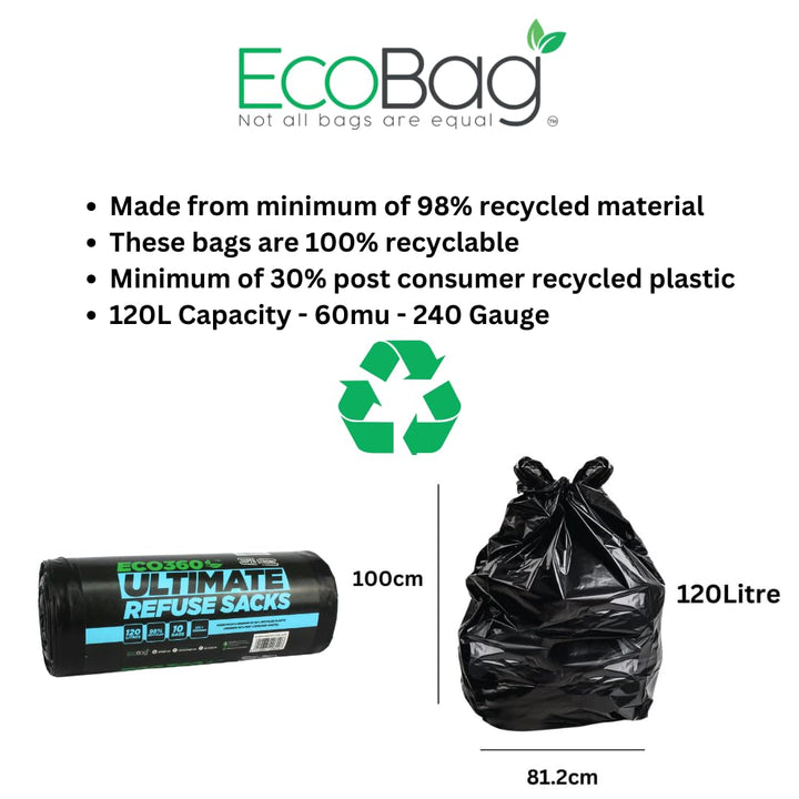 EcoBag ULT10 Heavy Duty 120L Recycled Bin Liners - 10 Pack
