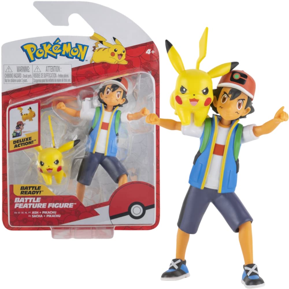 Pokémon Ash & Pikachu Battle Feature Action Figure Set | 4.5-Inch Ash, 2-Inch Pikachu | Ages 6+ 1