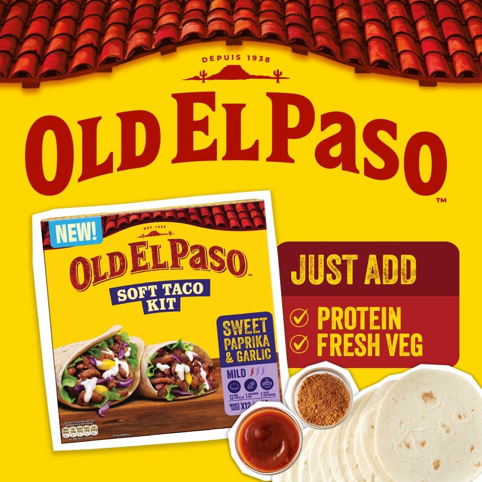 Old El Paso Soft Taco Kit Sweet Paprika & Garlic - 12 Mini Soft Tortillas | Mild Chilli Rating | Suitable for Vegetarians & Vegans