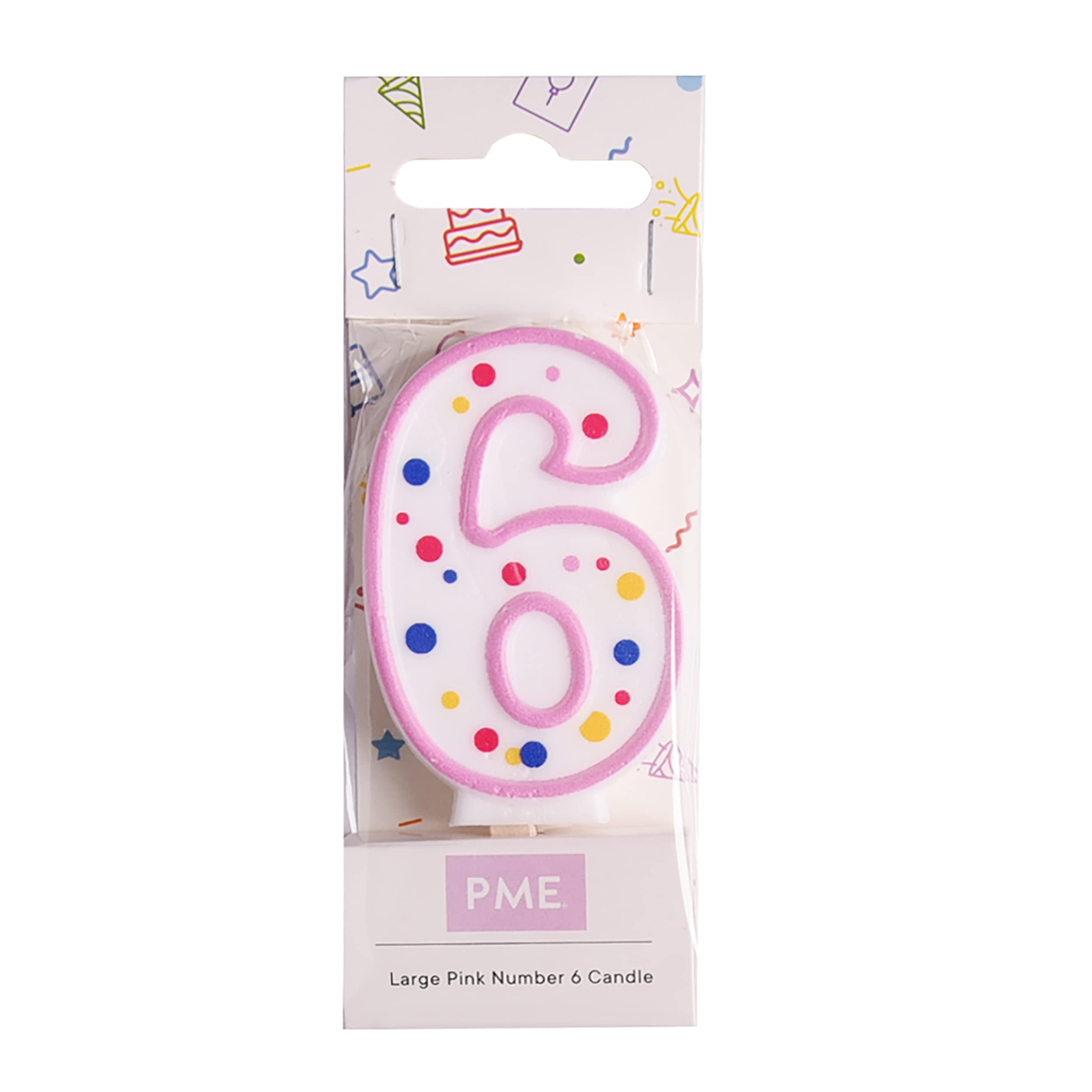 PME Pink Number 6 Birthday Candle with Multi-Coloured Polka Dots | 6.3cm 2