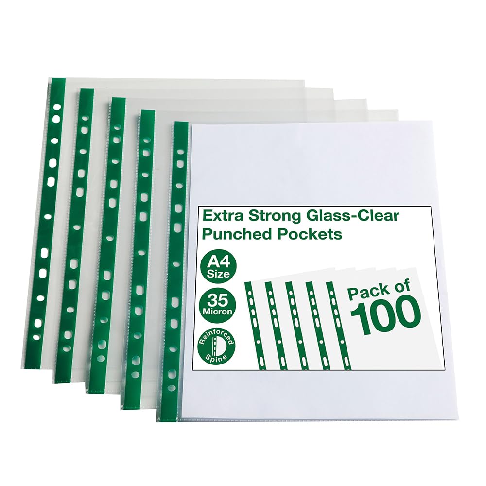 SUMMIT A4 Glass Clear Punched Pockets - Pack of 100 | Tear-Resistant Polypropylene | Universal Multi-Punch 1