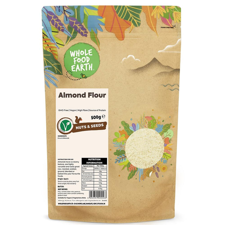 Wholefood Earth Almond Flour 500g | GMO-Free | High Fibre | Vegan | Recyclable Packaging