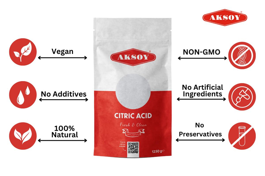 Aksoy - Citric Acid Food Grade 1.25kg | Non-GMO, Anhydrous, for Cooking, Cleaning, Canning & Bath Bombs