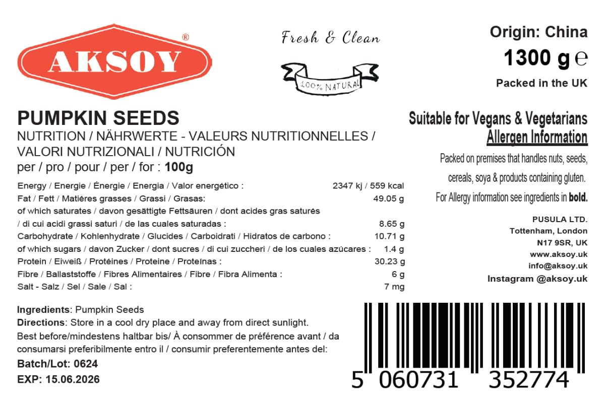 AKSOY Raw Pumpkin Seeds - 1300g | GMO-Free, Vegan, High Protein & Fiber 7