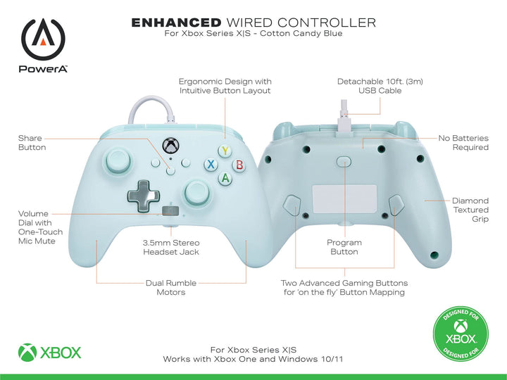 PowerA Enhanced Wired Controller for Xbox Series X|S - Cotton Candy Blue