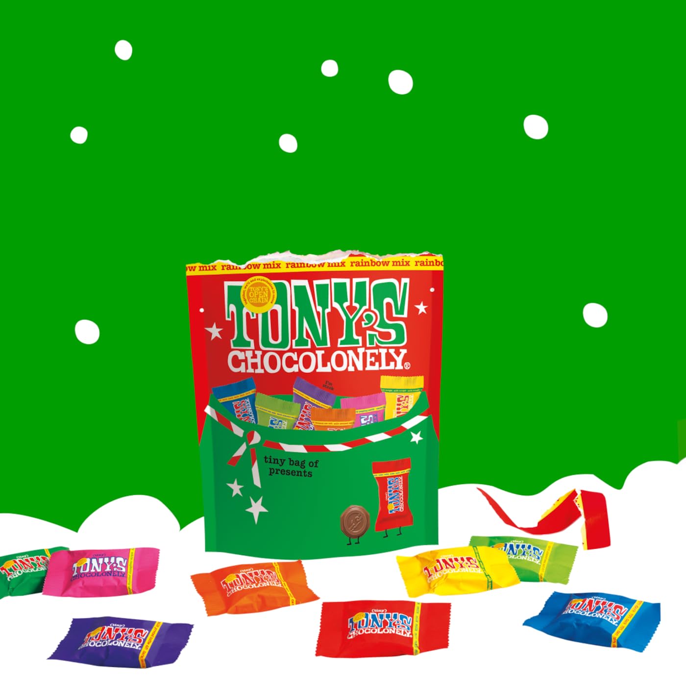 Tony's Chocolonely Tiny Tony's Weihnachtsbeutel – Schokoladengeschenk in verschiedenen Geschmacksrichtungen
