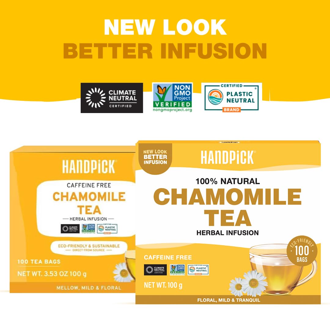 HANDPICK Chamomile Tea Bags (100 Herbal Tea Bags) Caffeine Free | Floral