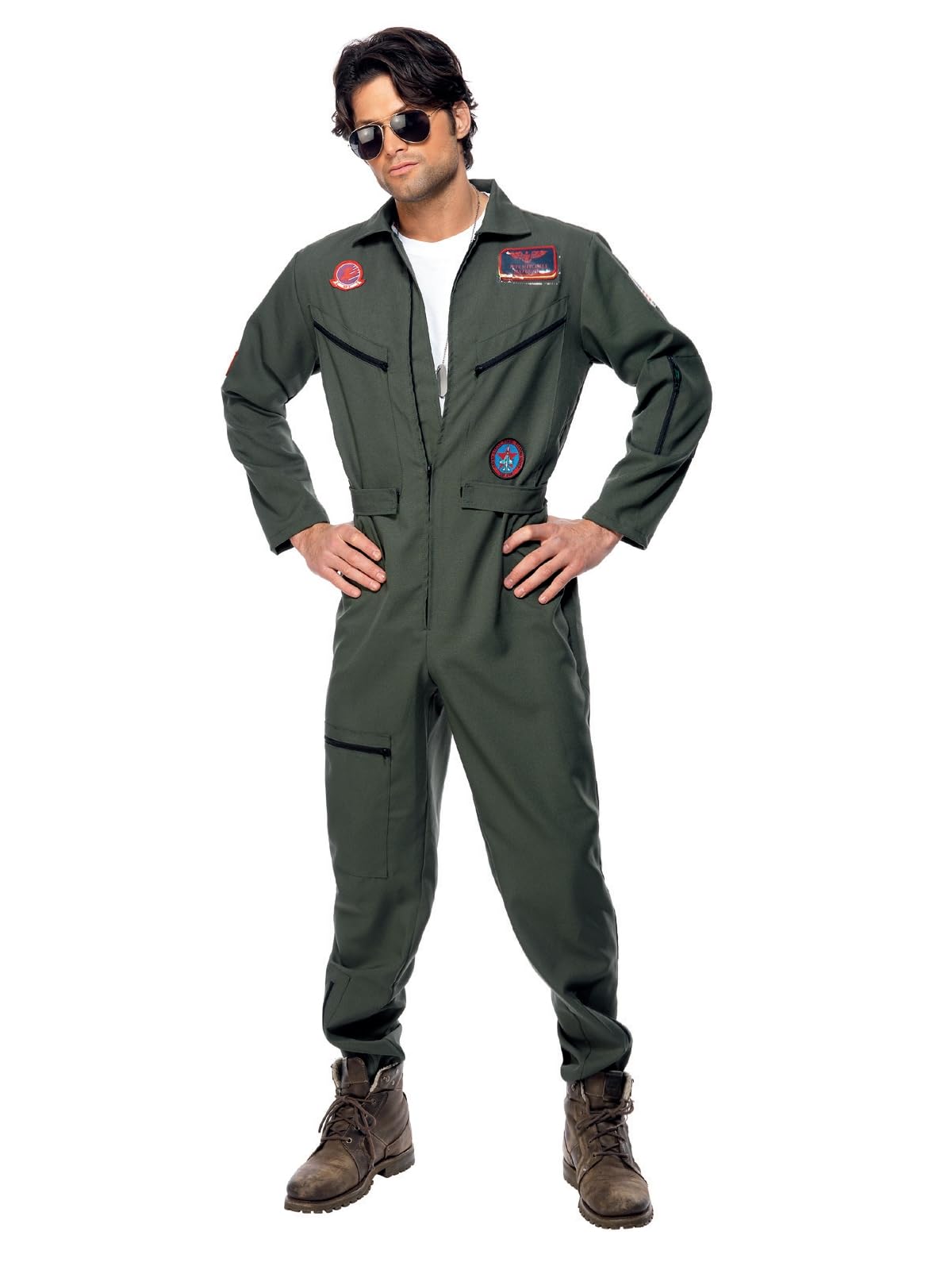 Smiffys Top Gun Costume - Official Licensed Adult Green Jumpsuit with Glasses & Badges | Size L (42'-44') 1