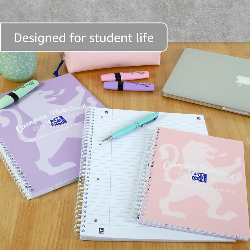 Oxford Campus A5 Wirebound Notebook - 140 Pages, 8mm Lined with Margin, Pastel Colors | PEFC Certified 5