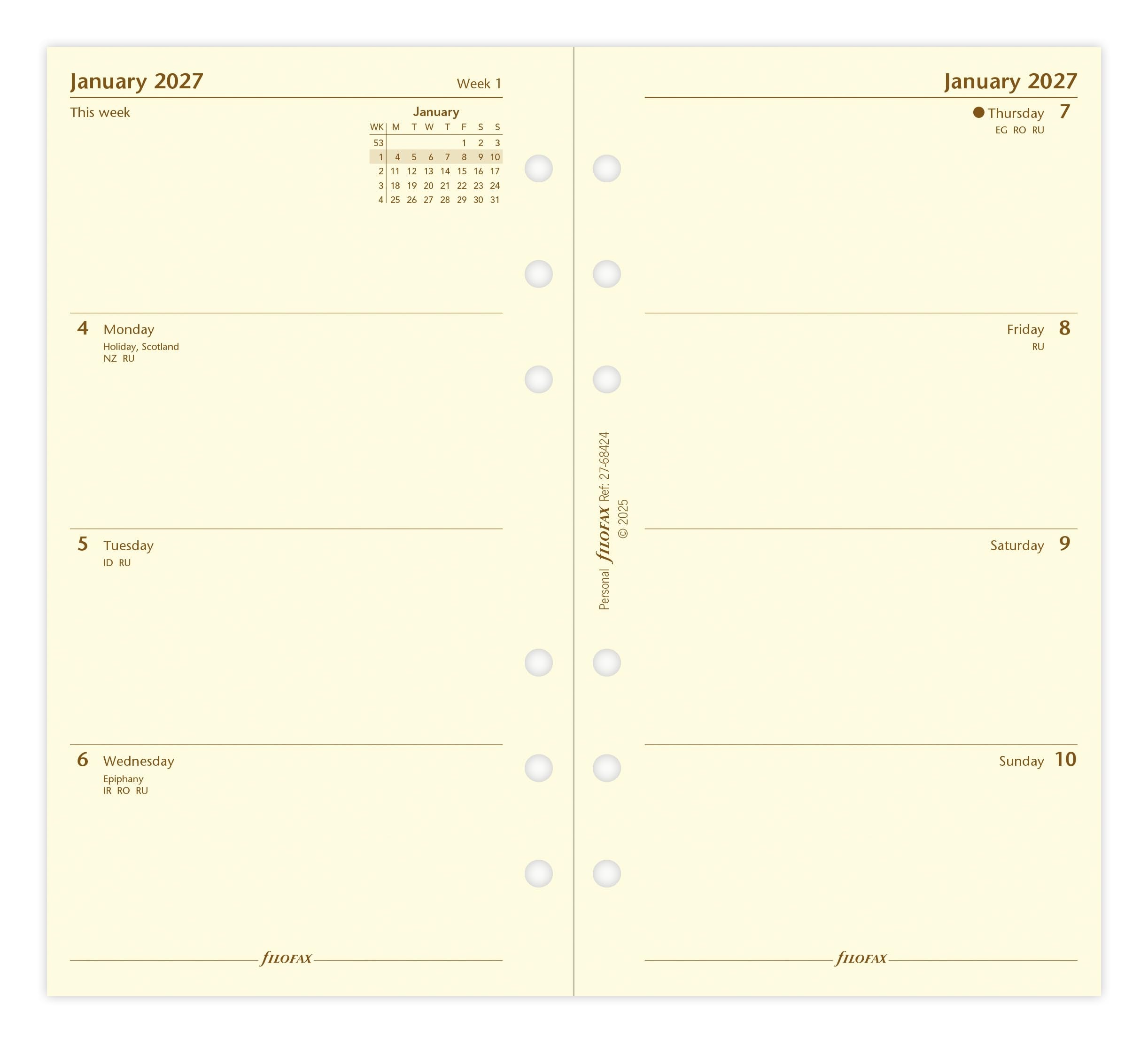 Filofax Personal 2027 Diary Refill - Week on Two Pages | Cotton Cream Paper | 95mm x 171mm