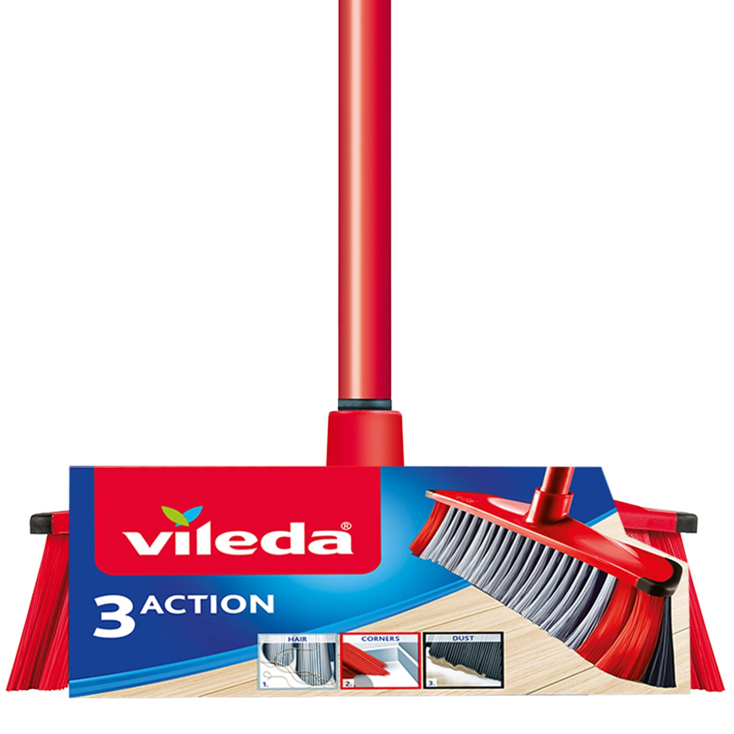 Vileda 3Action Indoor Broom with 3 Different Bristles, Red - Grey, 28 x 14 cm 1