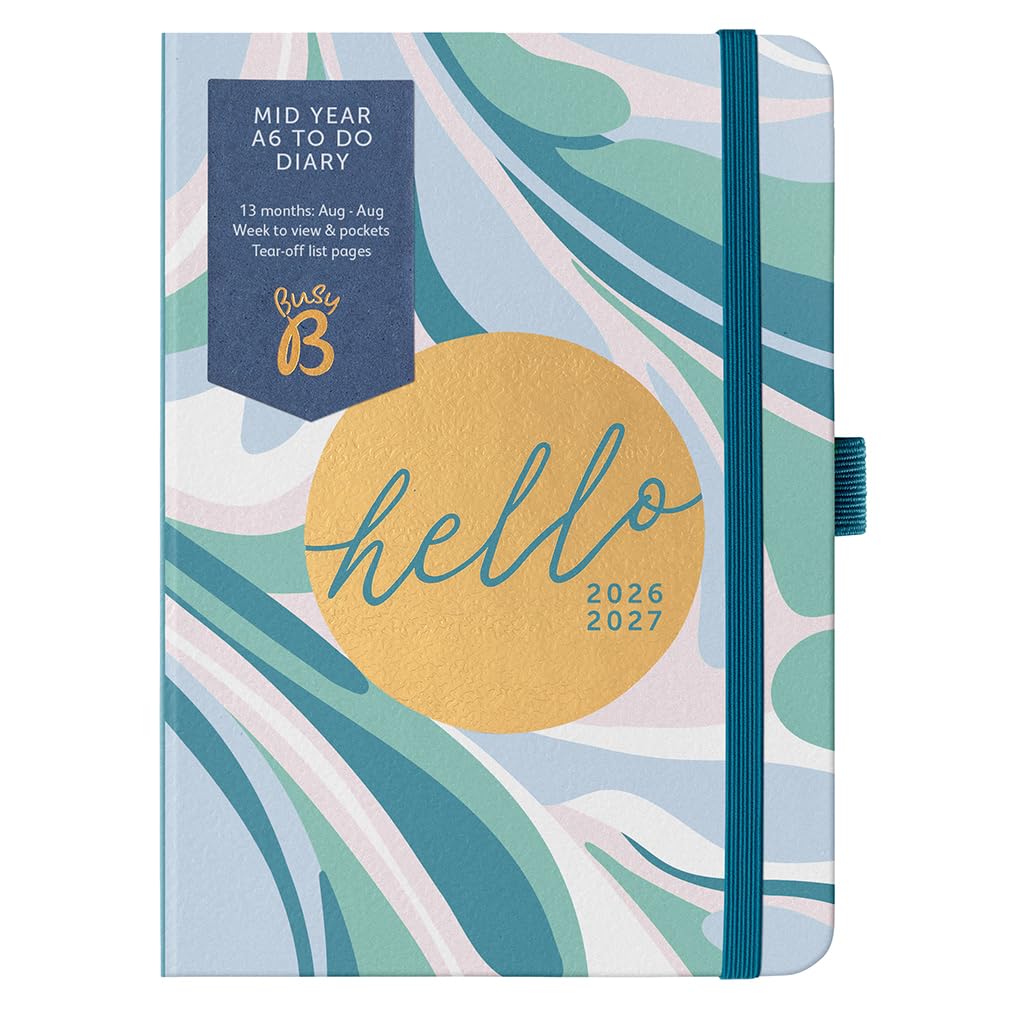 Busy B A6 Academic Planner Diary - Mid-Year Aug '26 to Aug '27 | Marble Print | Elastic Closure